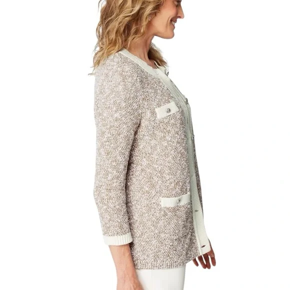 J. Jill Wearever Contrast Trimmed Knit Cardigan Jacket in Camel/Porcelain - M